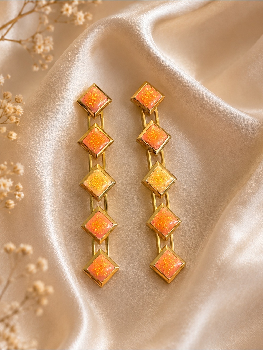 BEVERLY HAMBURG | Vintage Gold-Tone Drop Earrings with Orange Glitter Enamel